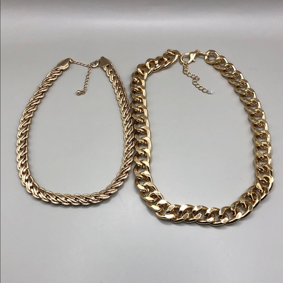 Gold tone chunky chain trendy costume jewelry necklaces bundle 2 layered look. - Picture 2 of 8